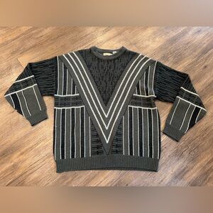Vintage Adam Sloane Black, Grey & White Geometric Striped Sweater Sz XL